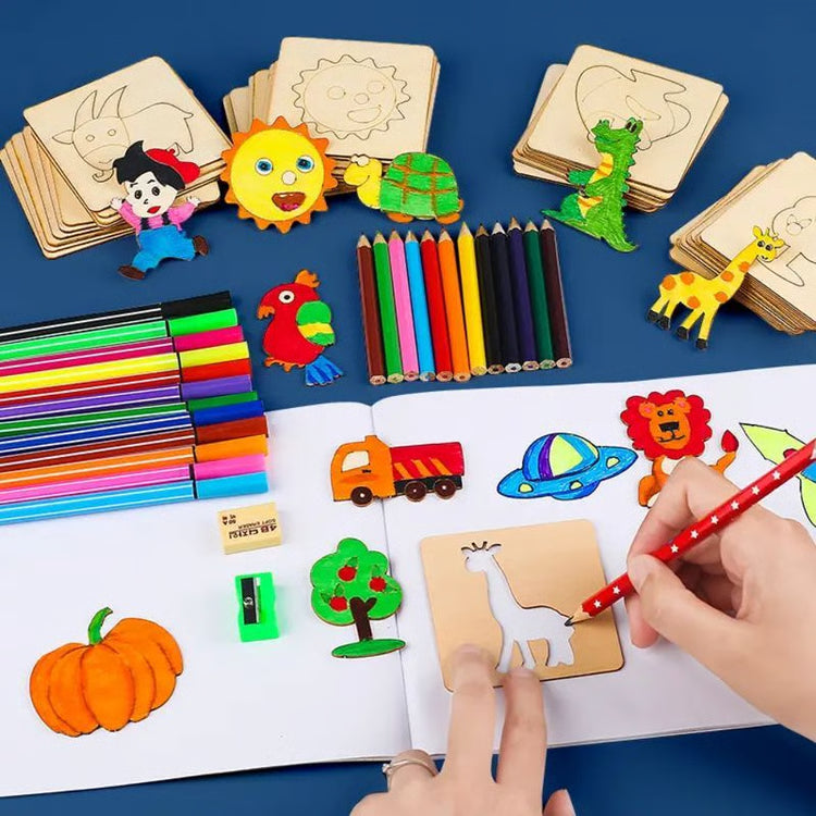 Wooden Drawing Template Set with Markers – 42-Piece Creative Stencil Kit