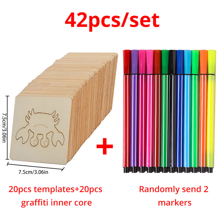 Wooden Drawing Template Set with Markers – 42-Piece Creative Stencil Kit
